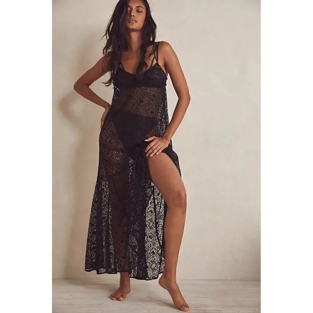 NWT FREE PEOPLE Sz S SUNDOWN MAXI SLIP SHEER LACE DRESS IN BLACK